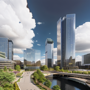 eye-level view,city urban,photo realistic; super detailed; 8k; RAW photo; masterpiece; best quality,render by vray; vignette; shadows; high dynamic range,office building,sunny,cloudy,glass,metal